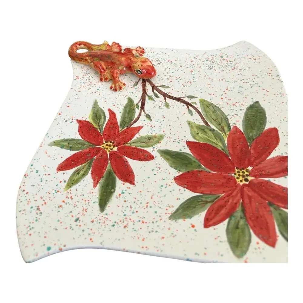 Vintage Handmade Serving Plate Poinsettia And 3D Lizard Design Speckled Signed